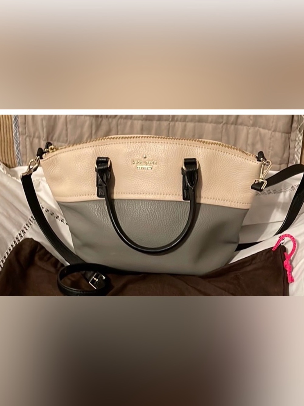 kate spade Cream, Gray & Black Leather Shoulder Bag